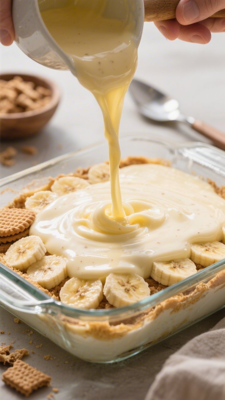 Close-up process shot of warm, freshly cooked custard being poured over a layer of bananas and vanil
