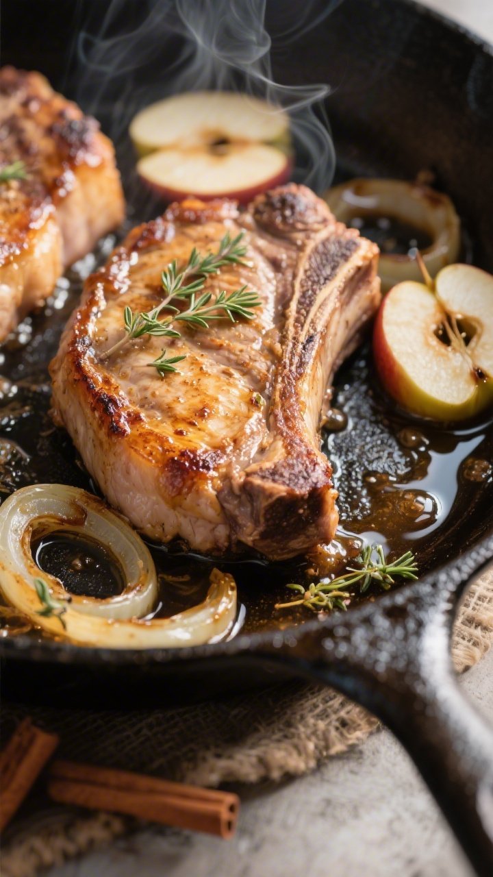 Close-up process shot: Searing bone-in pork chops in a cast-iron skillet, deep golden crust with ren