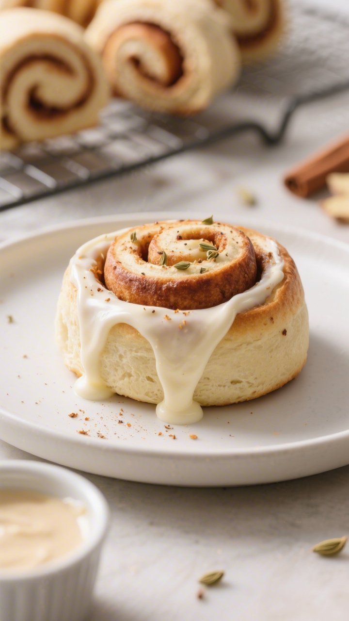 Close-up, three-quarter angle of a single iced chai cinnamon roll plated on a matte white dessert pl
