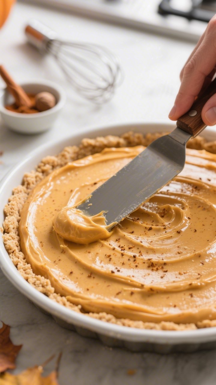Close-up, three-quarter angle process shot of the pumpkin cream layer being smoothed over the chille