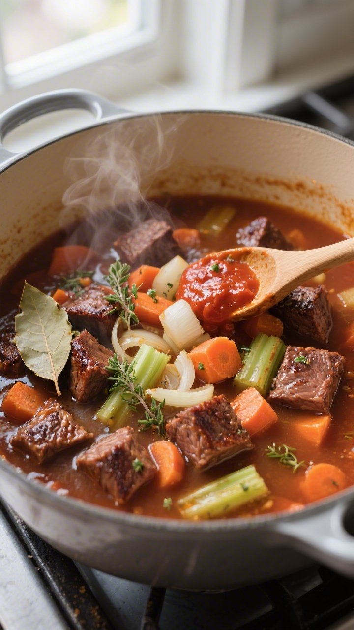 Cooking process — Classic Beef & Vegetable Soup: Close-up of beef cubes deeply browned in a Dutch