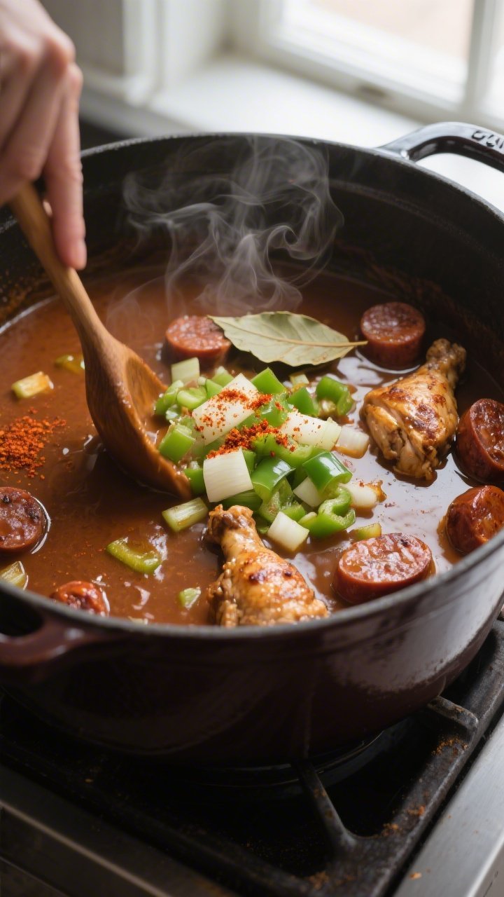 Cooking process close-up: A large enamel Dutch oven with a dark chocolate–colored roux in mid-stir