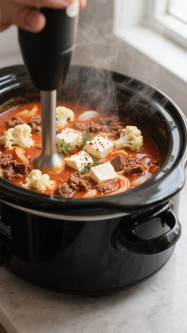 Cooking process close-up: A steaming crockpot of low-carb cheeseburger soup mid-cook, showing tender