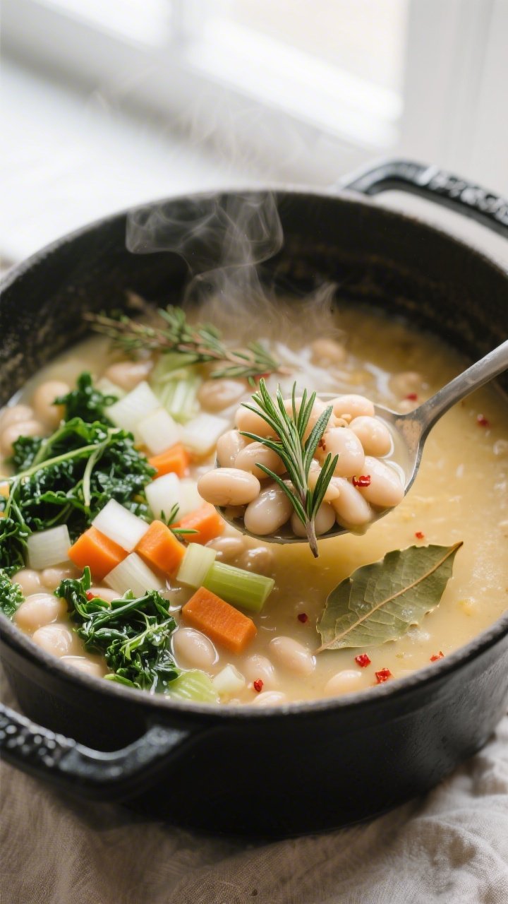 Cooking process close-up: A steaming pot of vegan rosemary white bean soup mid-simmer, overhead but 