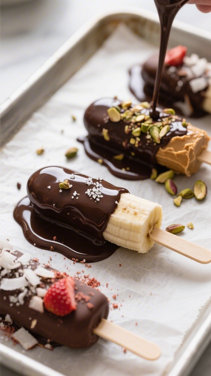 Cooking process close-up: A tray of half-dipped frozen banana pops being coated in glossy melted dar