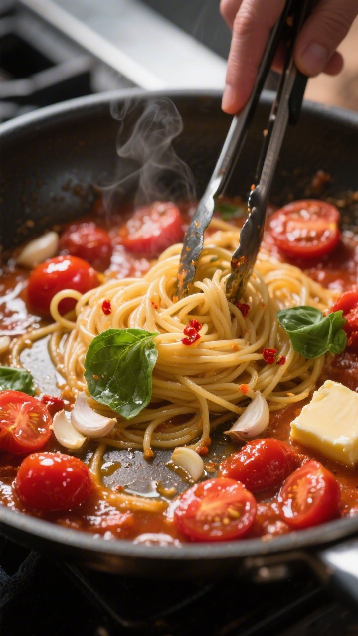 Cooking process close-up: Cherry tomato garlic pasta sauce emulsifying in a wide stainless skillet, 