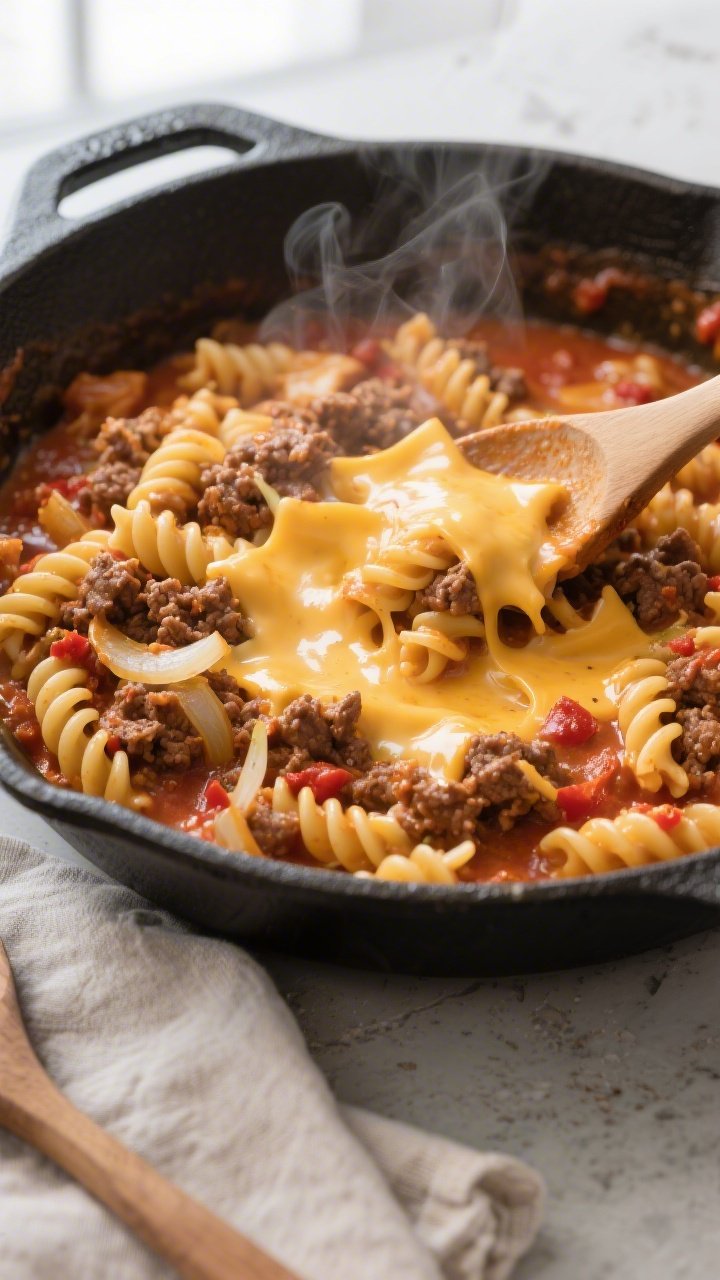 Cooking process, close-up detail: A deep skillet of one-pot cheeseburger pasta mid-simmer, overhead