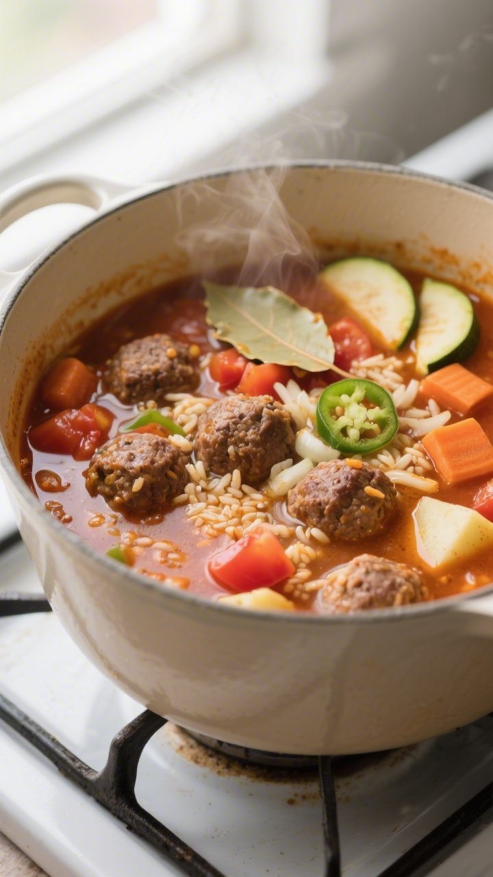 Cooking process, close-up detail: A large pot of simmering Mexican Albondigas Soup with tender beef-