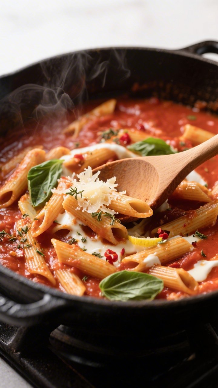 Cooking process, close-up detail: In a wide, matte black Dutch oven on a stovetop, penne pasta simme