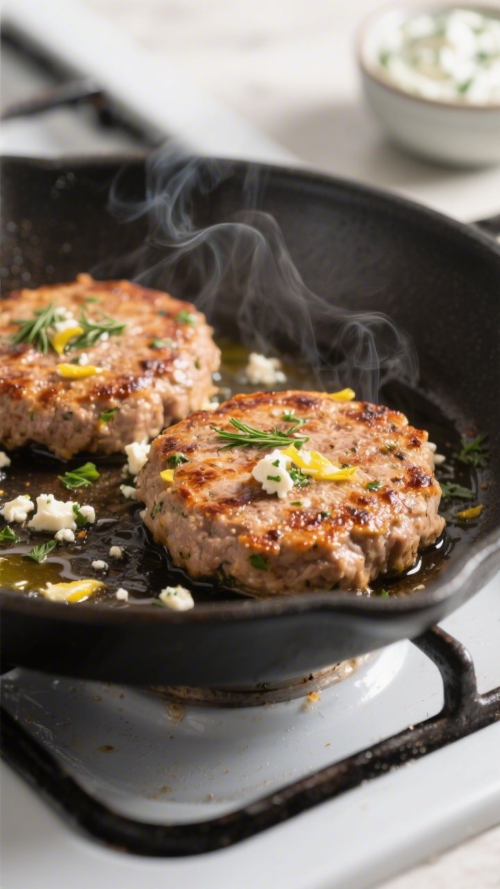 Cooking process, close-up detail: Juicy Greek-style turkey burger patties sizzling on a stovetop ski