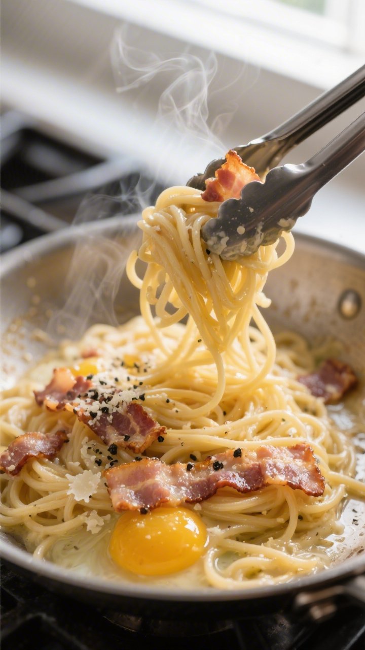 Cooking process, close-up detail: Silky bacon carbonara coming together off the heat in a wide stain