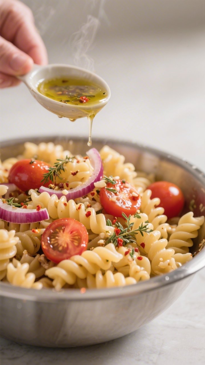 Cooking process, close-up detail: Warm al dente rotini just drained and lightly rinsed, glistening a
