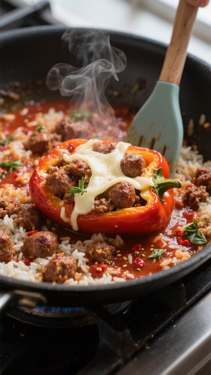 Cooking process close-up: Italian sausage stuffed pepper filling sizzling in a skillet after combini