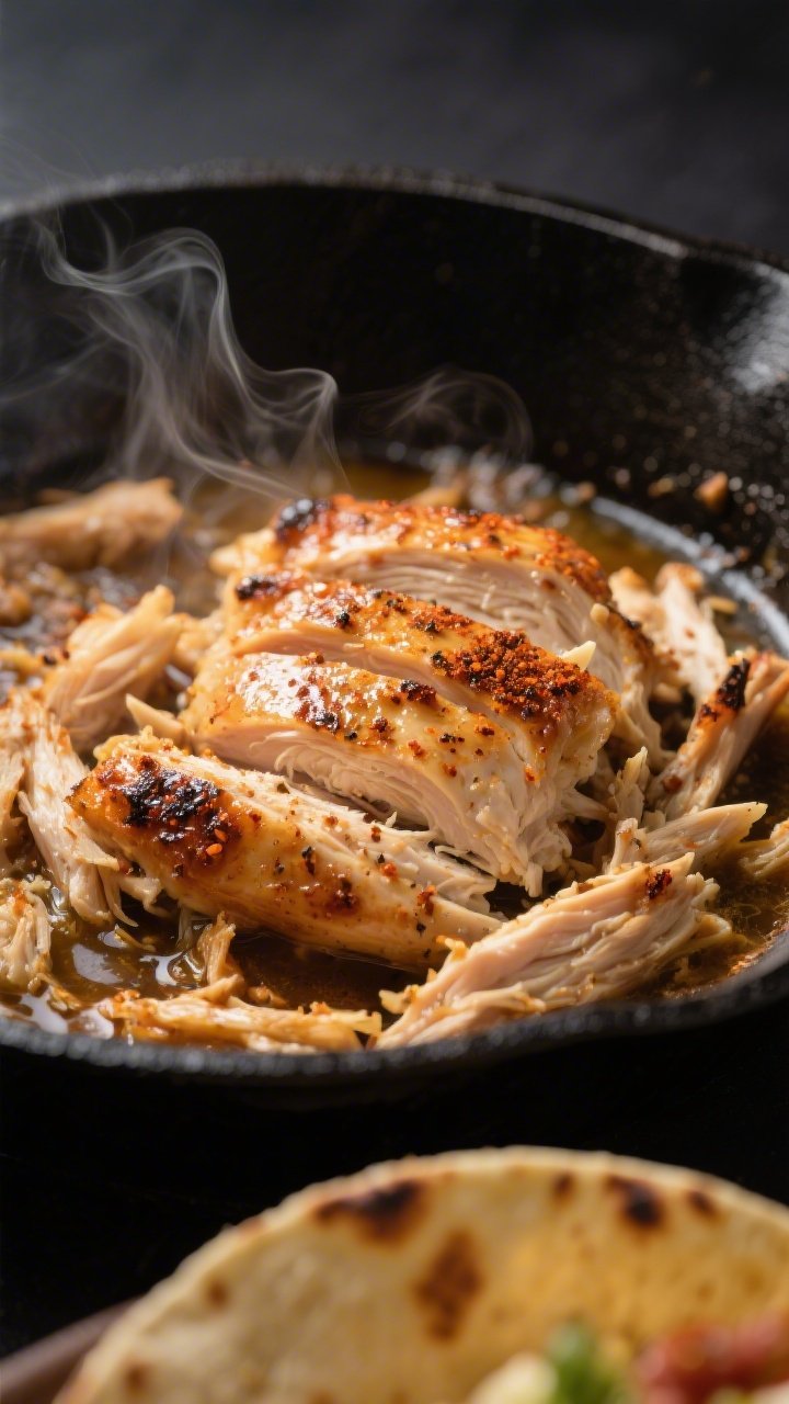 Cooking process close-up: Juicy shredded rotisserie chicken sizzling in a black skillet, coated in t