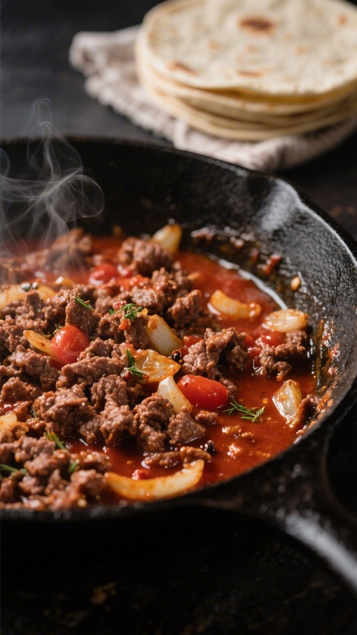 Cooking process close-up: Minced beef taco filling sizzling in a black cast-iron skillet, deeply bro