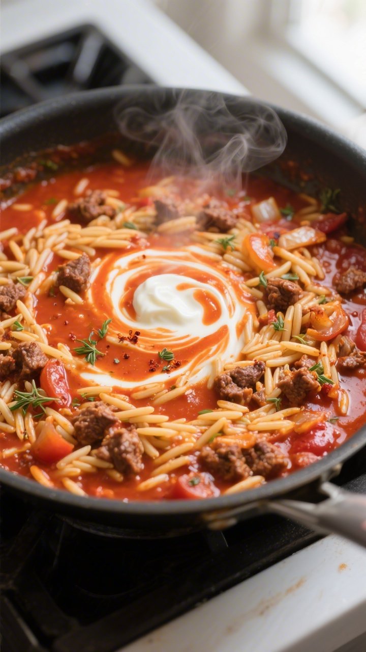 Cooking process close-up: Orzo simmering in a deep skillet of rich tomato-beef sauce, showing tender