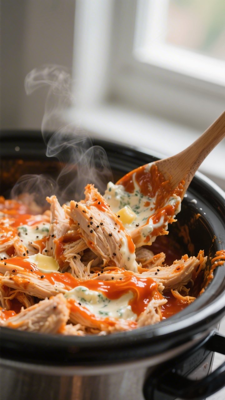 Cooking process close-up: Shredded crockpot buffalo chicken being mixed in its creamy sauce inside a
