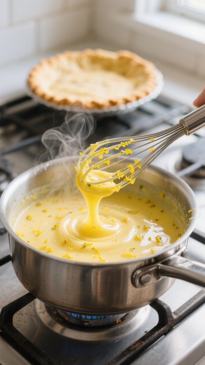 Cooking process close-up: Silky lemon curd being whisked to glossy thickness in a stainless saucepan