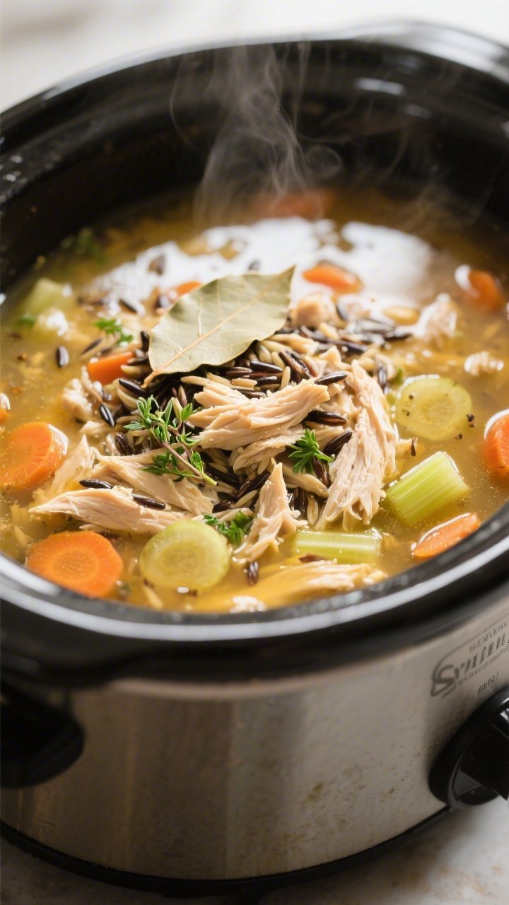 Cooking process close-up: Tender shredded chicken and wild rice soup simmering in a slow cooker, chi