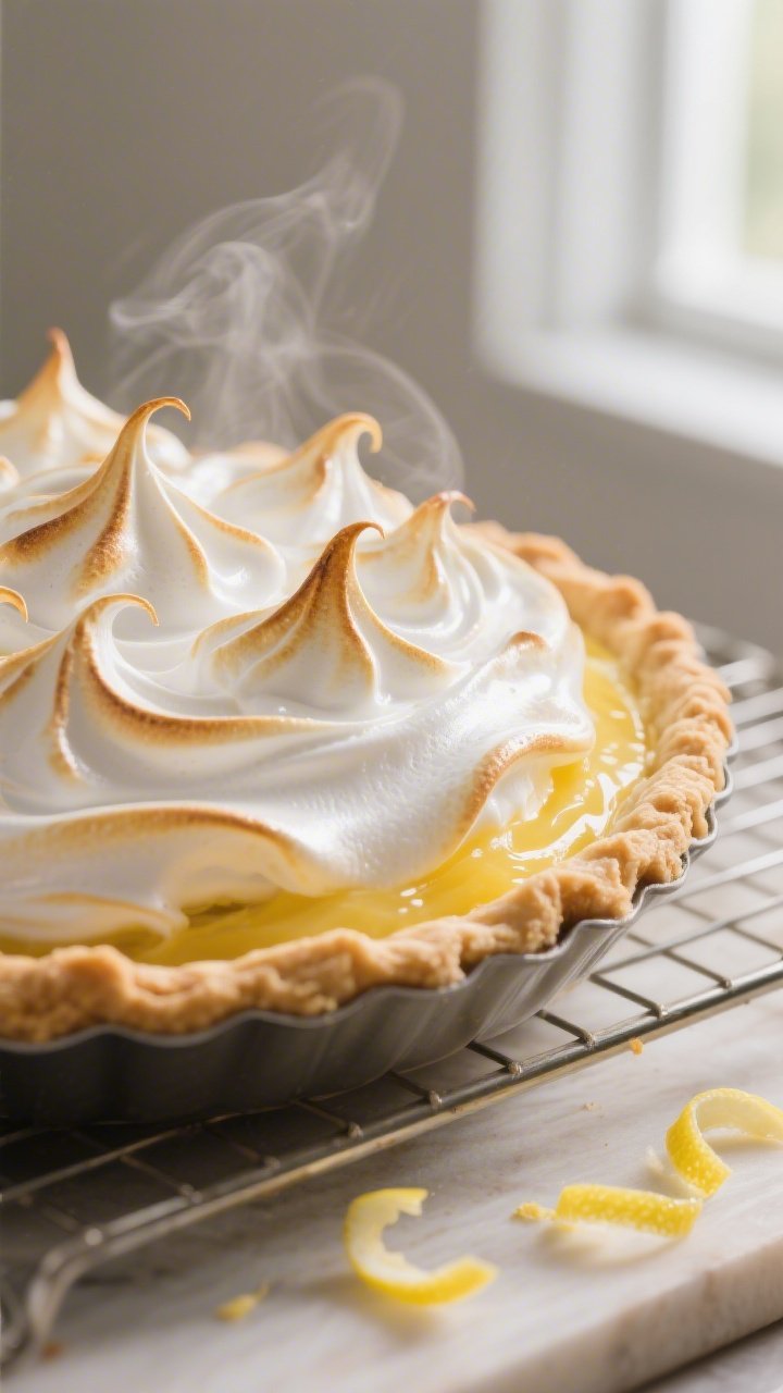 Cooking process close-up: Warm lemon meringue pie just out of the oven, tight shot of glossy, stiff-