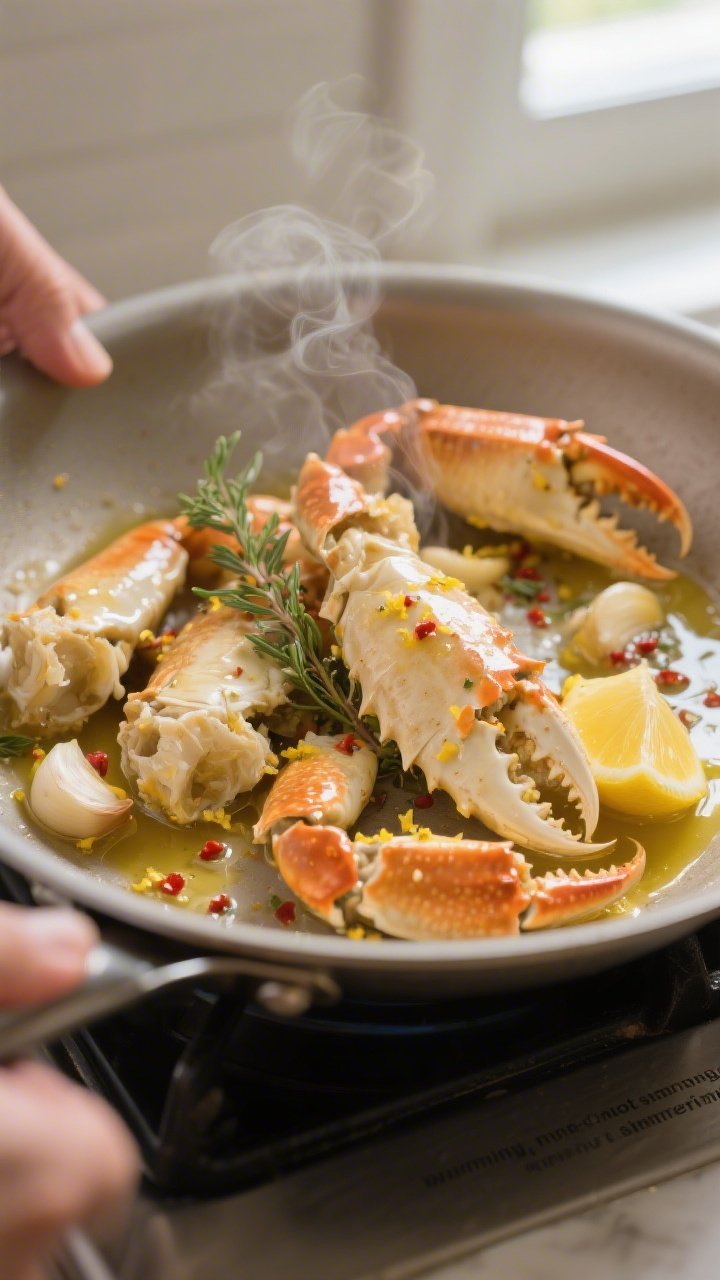 Cooking process — Keto Lemon Herb Crab Claws: Close-up of cracked, cooked crab claws being gently