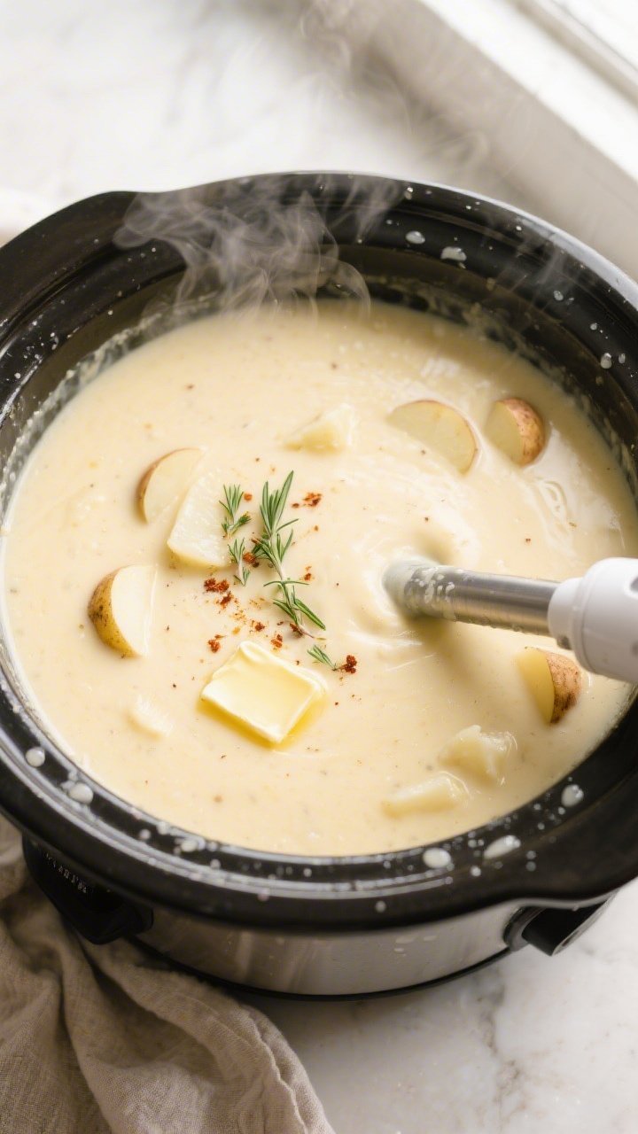 Cooking process, overhead: Overhead shot of creamy crockpot potato soup just after blending in the s