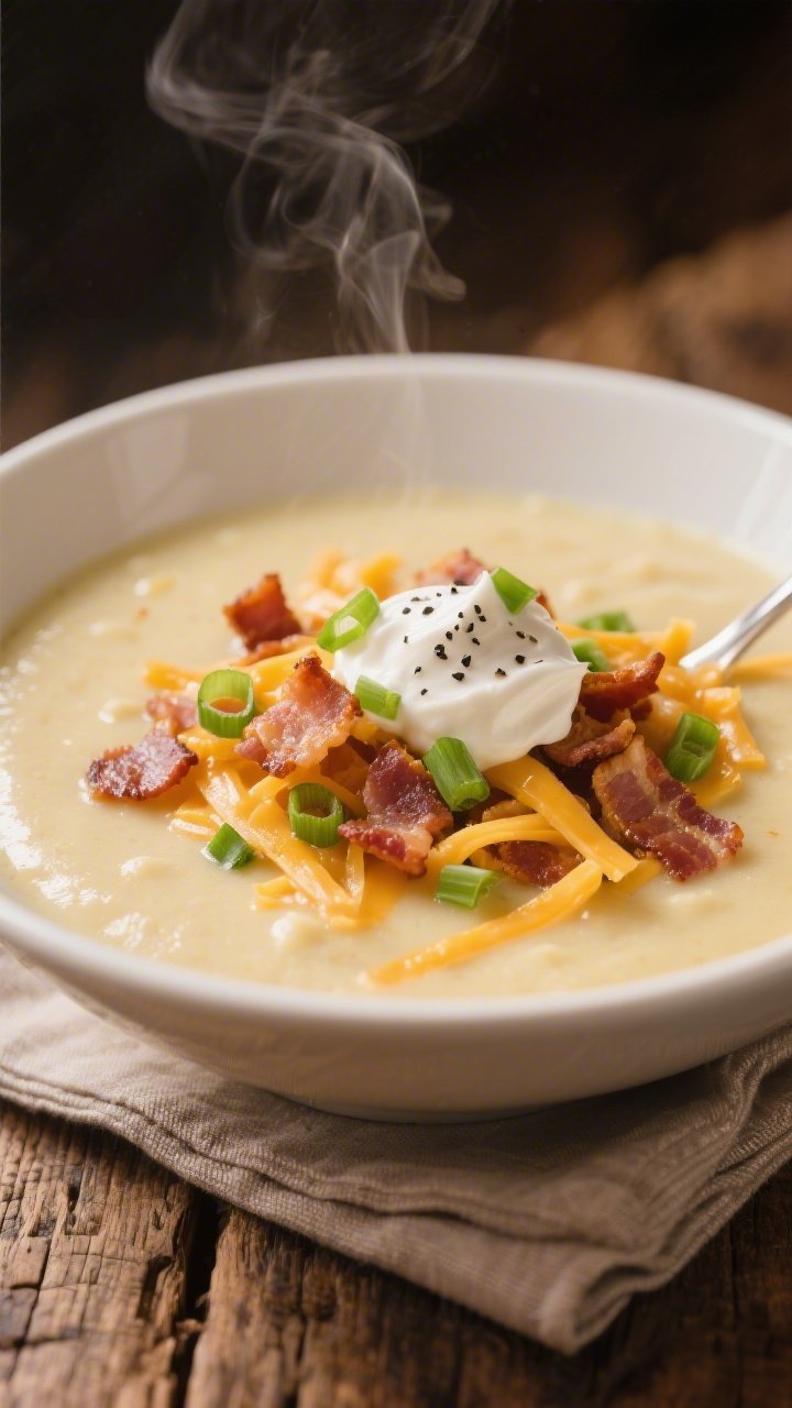 Final dish, close-up detail: Close-up of a ladled bowl of creamy Yukon Gold potato soup, glossy and 