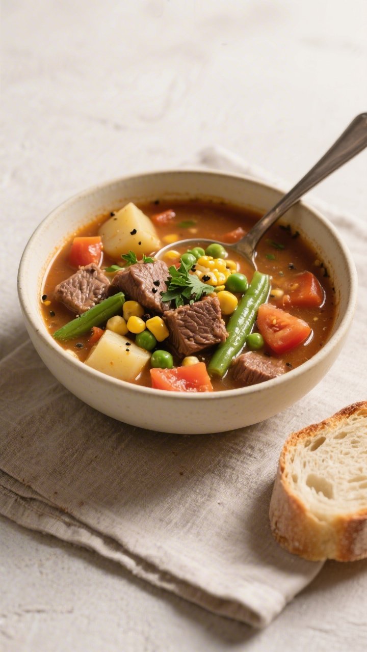 Final dish — Hearty bowl presentation: Overhead shot of a ladle serving Classic Beef & Vegetable S