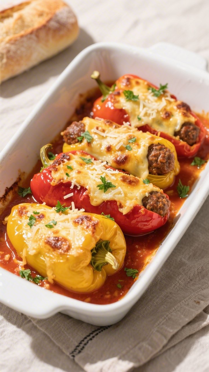 Final dish overhead: Four Italian sausage stuffed peppers (mix of red and yellow) in a white ceramic