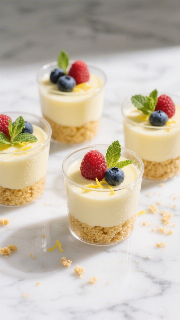 Final dish overhead: Overhead shot of assembled Refreshing Lemon Dessert Cups in small clear glasses