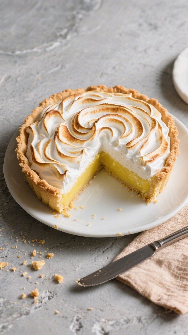 Final dish overhead: Top-down shot of a 9-inch classic lemon meringue pie just out of the oven, show