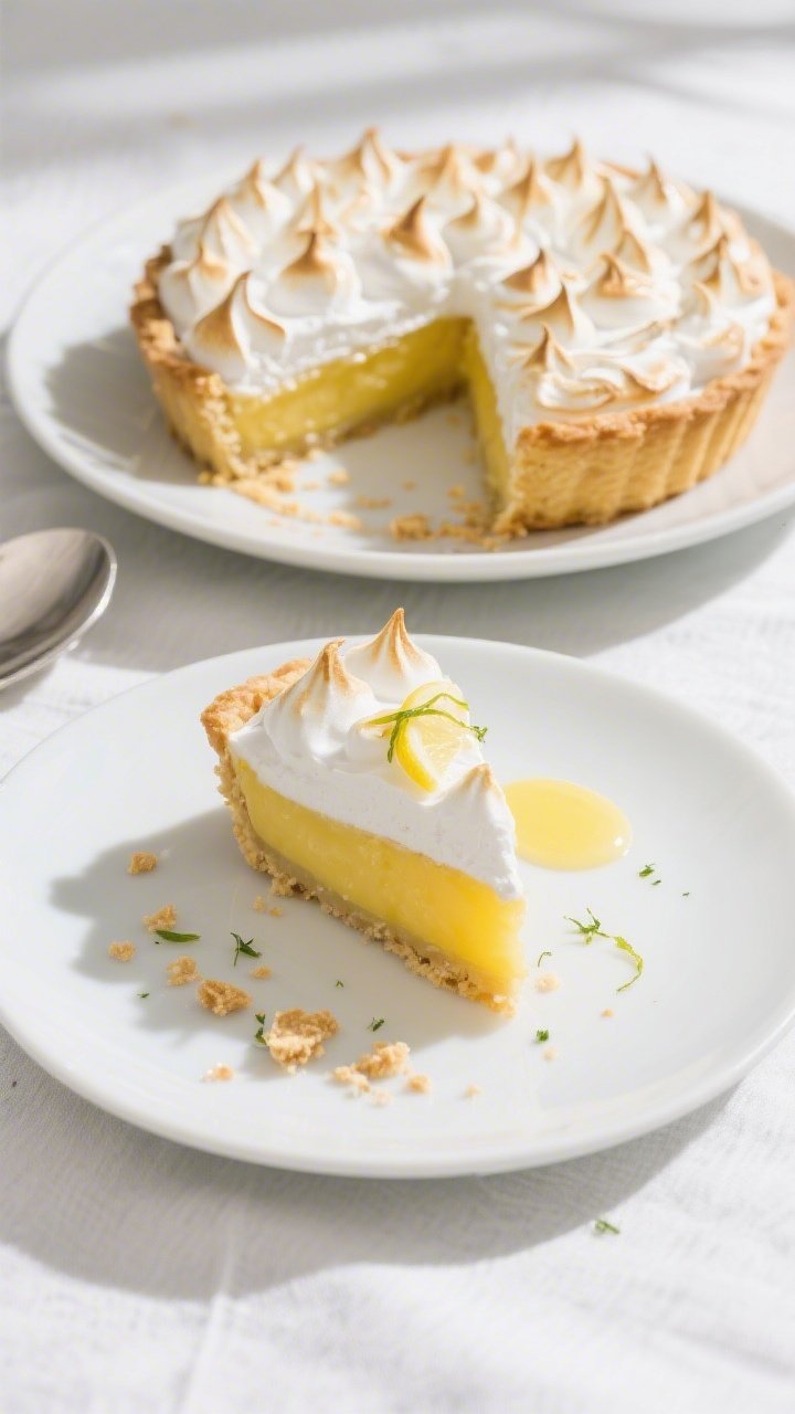 Final dish overhead: Top-down slice of lemon meringue pie on a matte white dessert plate beside the 