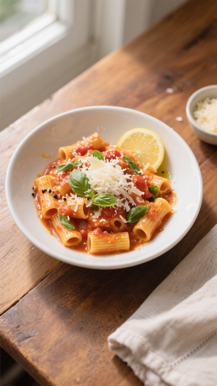 Final dish, overhead top view: One-Pot Creamy Tomato Pasta beautifully plated in a wide, white shall