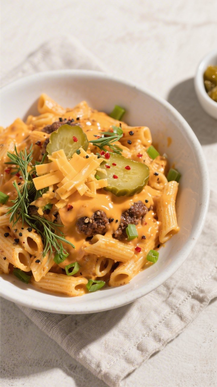 Final dish, tasty top view: Overhead shot of a bowl of one-pot cheeseburger pasta, ultra-comforting
