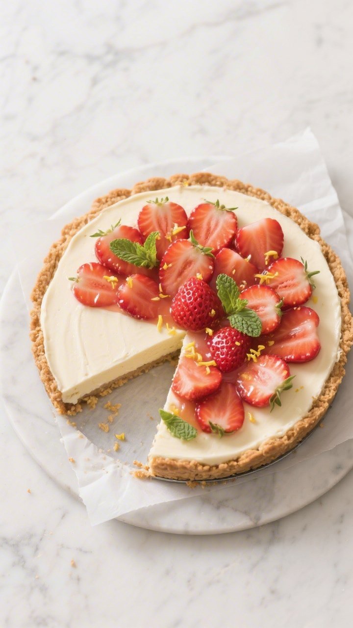 Final dish, tasty top view: Overhead shot of a no-bake strawberry cheesecake in a 9-inch springform 