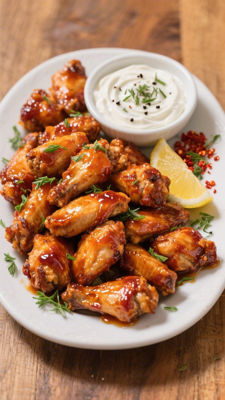 Final dish, tasty top view: Overhead shot of a party-ready platter piled high with glazed hot honey 