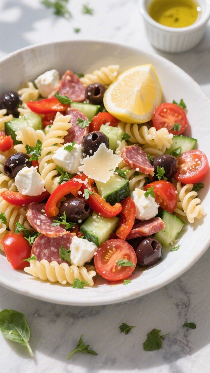 Final dish, tasty top view: Overhead shot of Cold Italian Pasta Salad fully assembled and chilled, s