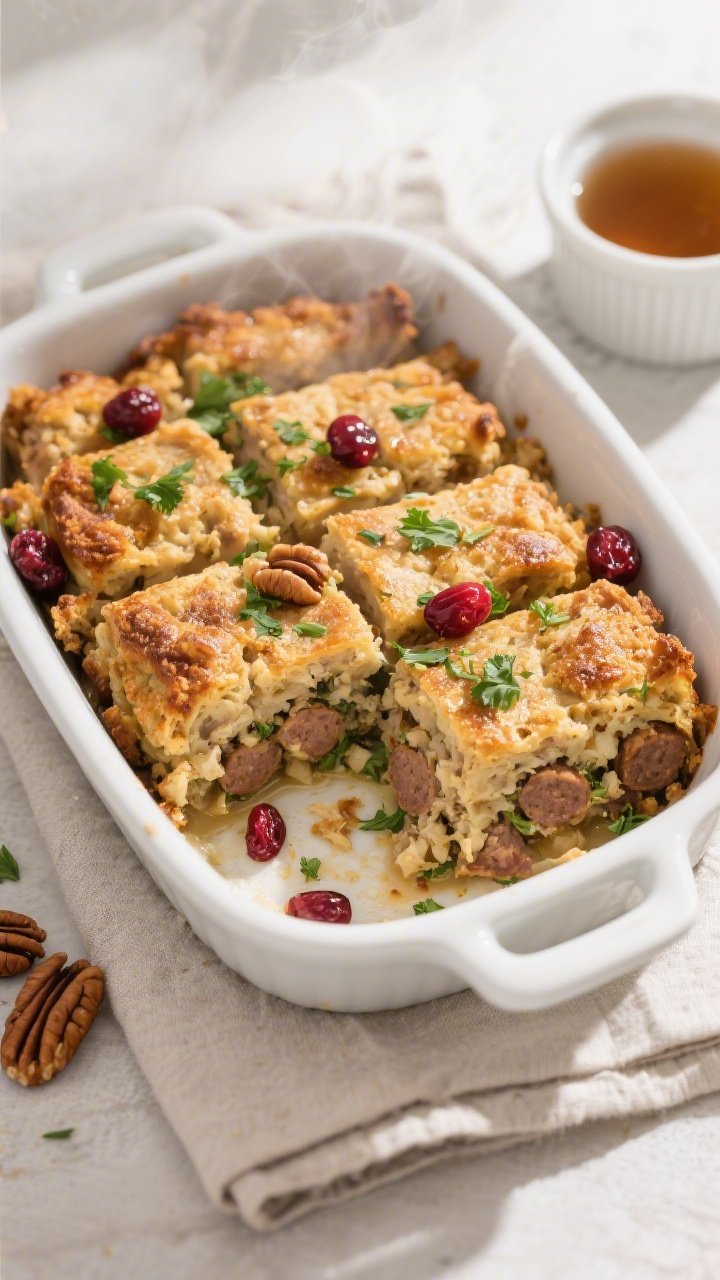Final dish, tasty top view: Overhead shot of sausage & herb stuffing freshly baked and rested, slice