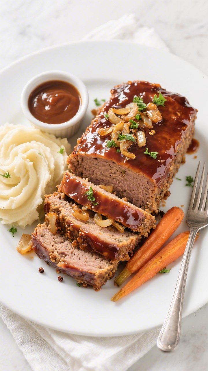 Final dish, tasty top view: Overhead shot of sliced Glazed BBQ Meatloaf arranged on a matte white pl