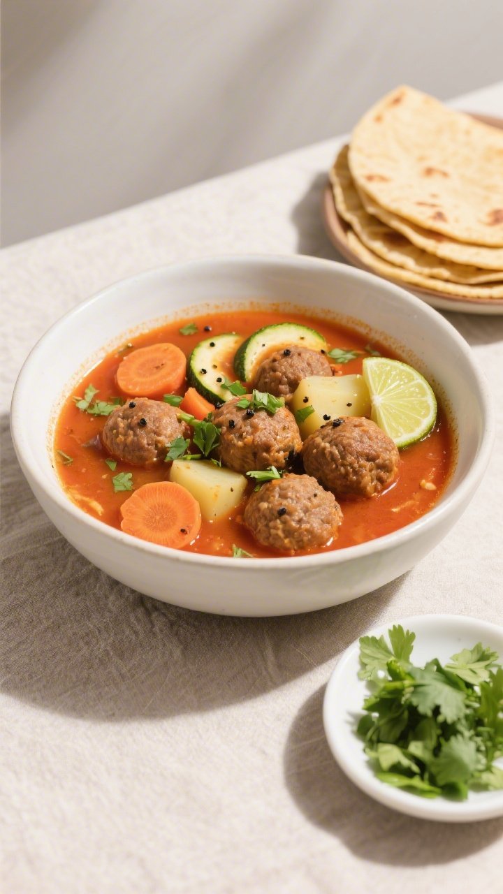 Final dish, top view: Overhead shot of a beautifully plated bowl of Mexican Albondigas Soup—5–6 