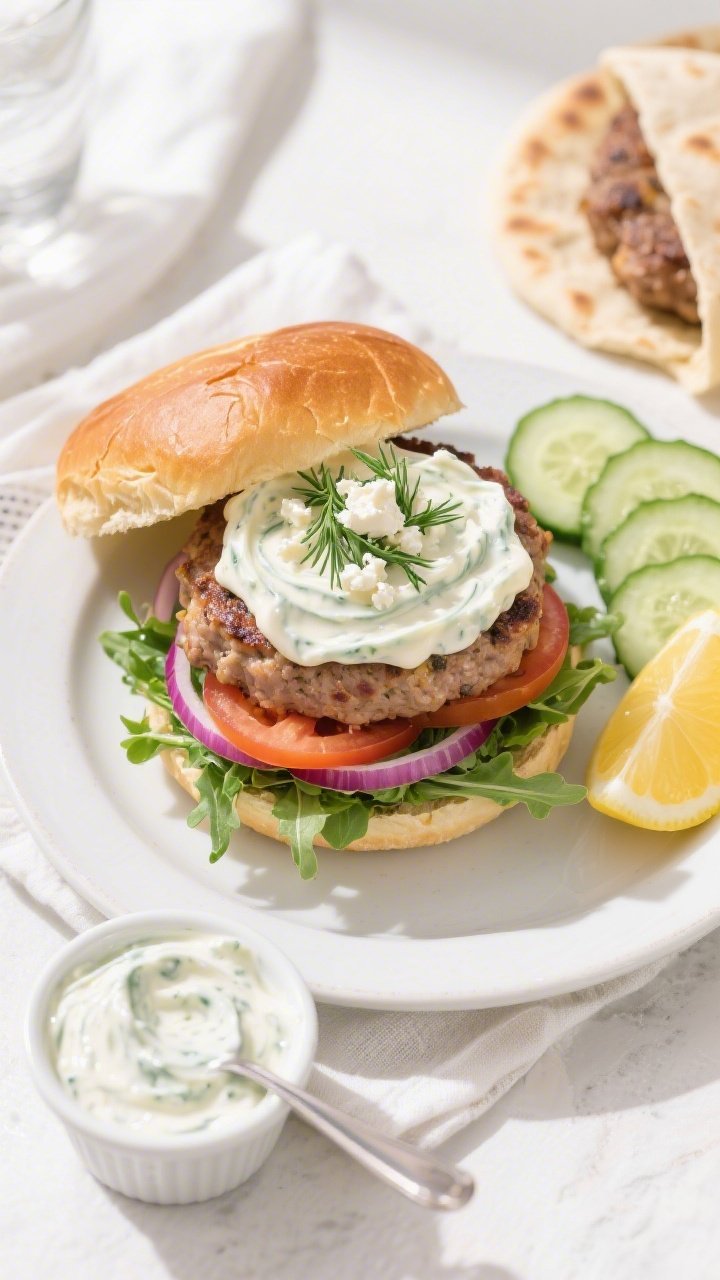 Final dish, top view: Overhead shot of a fully assembled Greek-style turkey burger on a lightly toas
