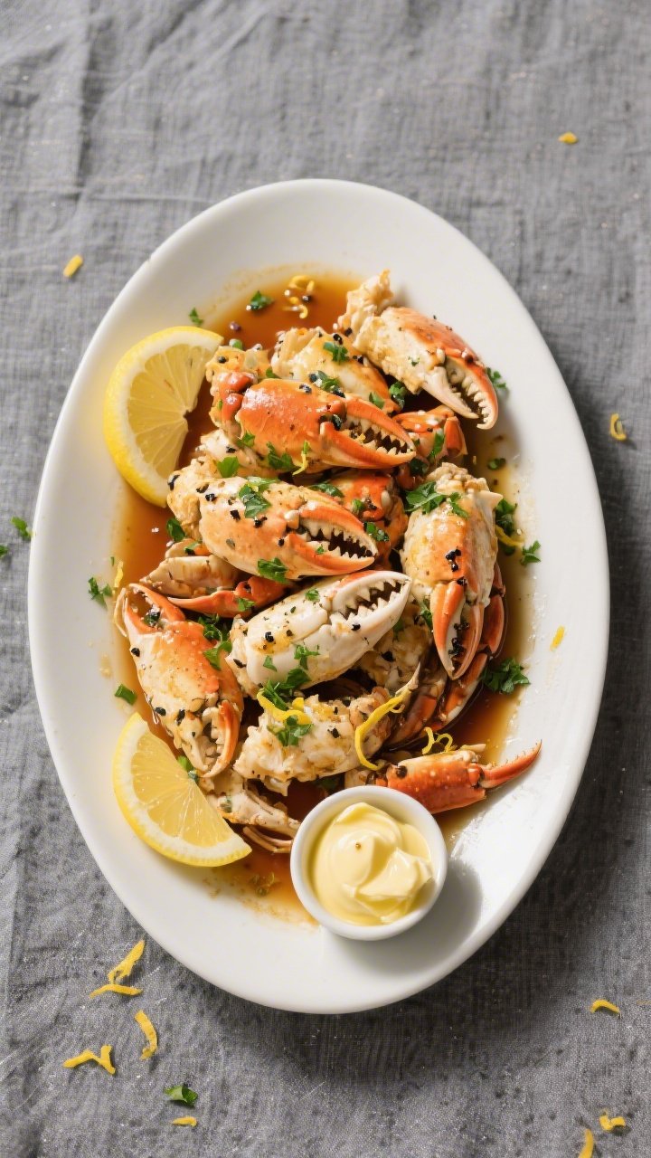 Final plated — Keto Lemon Herb Crab Claws: Overhead shot of a warm oval platter piled with buttery
