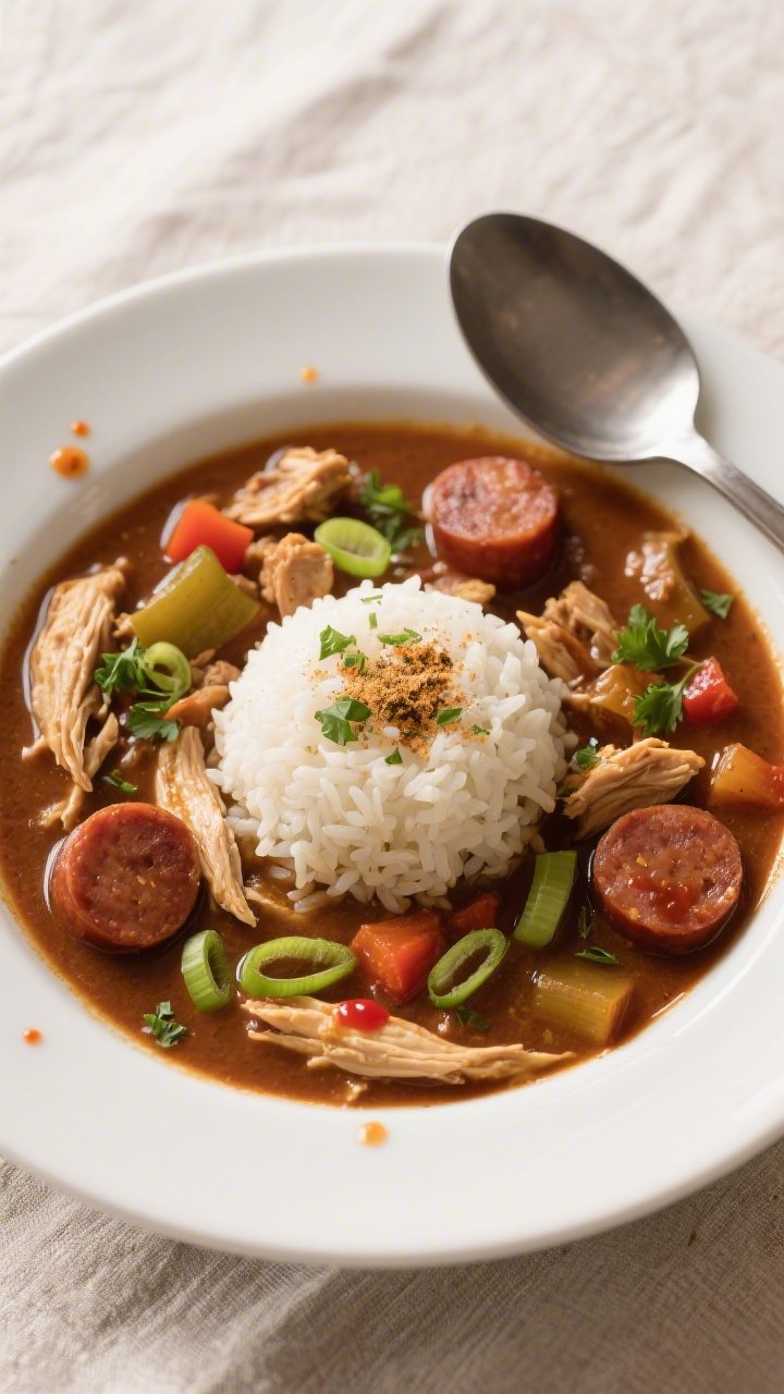 Final plated overhead: Classic chicken and sausage gumbo ladled into a wide, shallow white bowl with