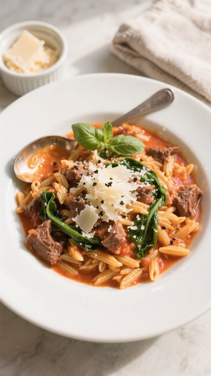 Final plated overhead: Creamy Tomato Beef Orzo spooned into a wide, shallow white bowl, highlighting