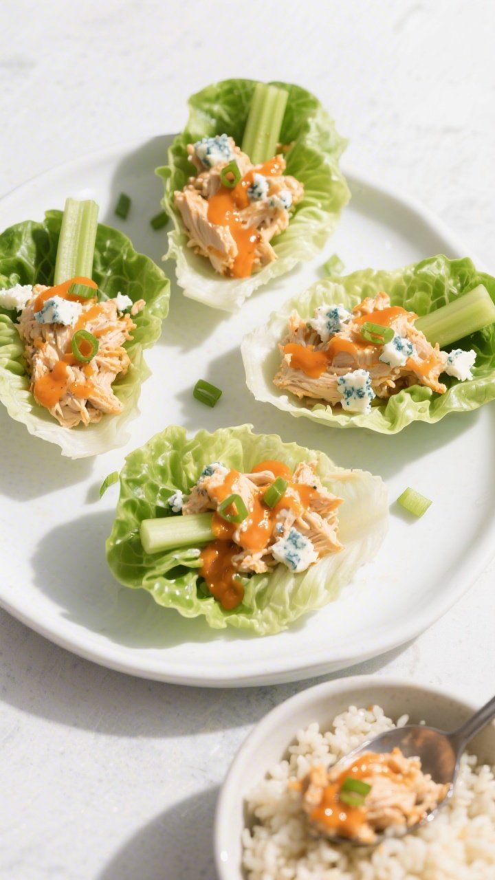 Final plated overhead: Keto buffalo chicken lettuce cups arranged on a matte white platter, . Each c