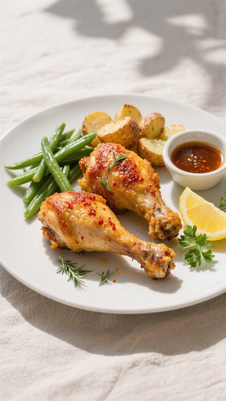 Final plated/overhead: Overhead shot of crispy air fryer chicken leg quarters plated on a matte whit