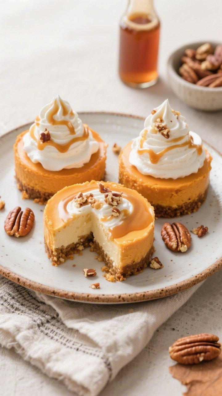 Final plated overhead shot: a rustic ceramic plate with three chilled mini pumpkin cheesecakes, each