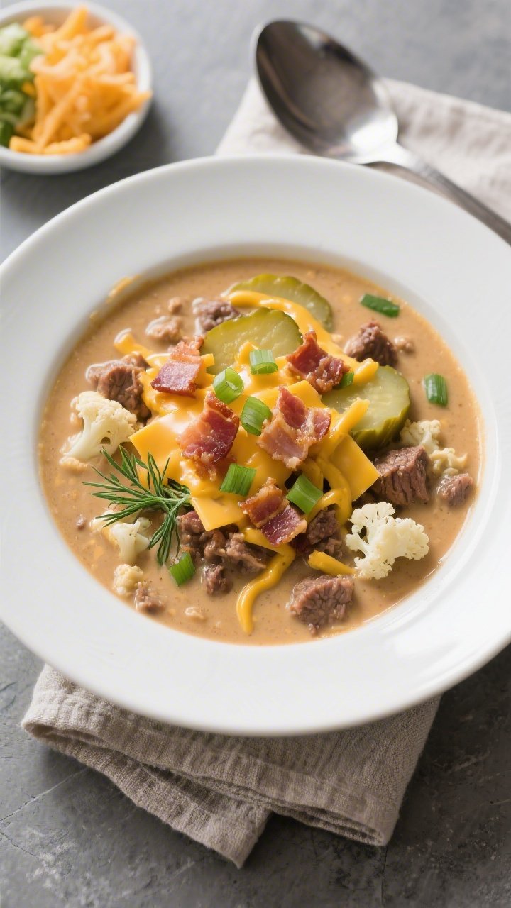 Final plated overhead: Tasty top view of a bowl of creamy, thick Low-Carb Crockpot Cheeseburger Soup