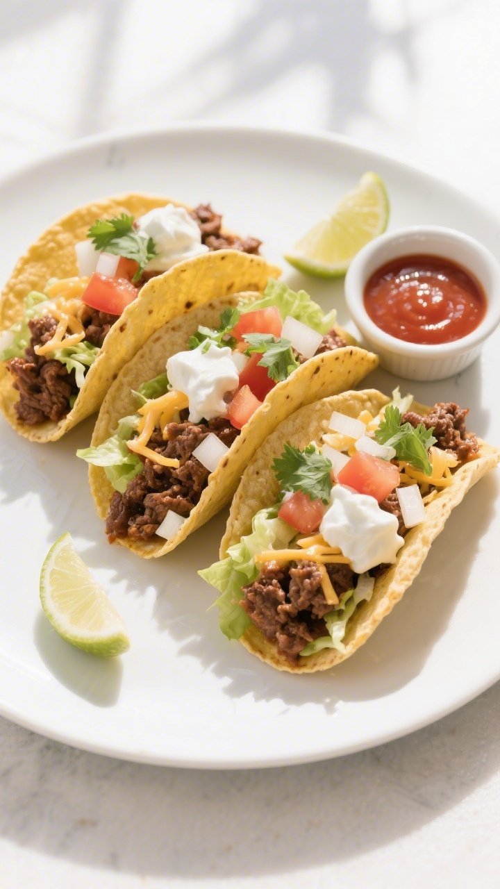 Final plated overhead: Top-down shot of assembled minced beef tacos (3 small corn tortillas) on a ma