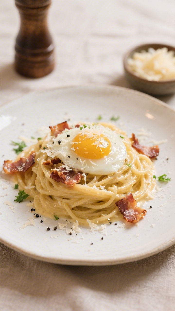 Final plated, tasty top view: Overhead shot of Bacon & Egg Carbonara twirled into a neat nest on a w